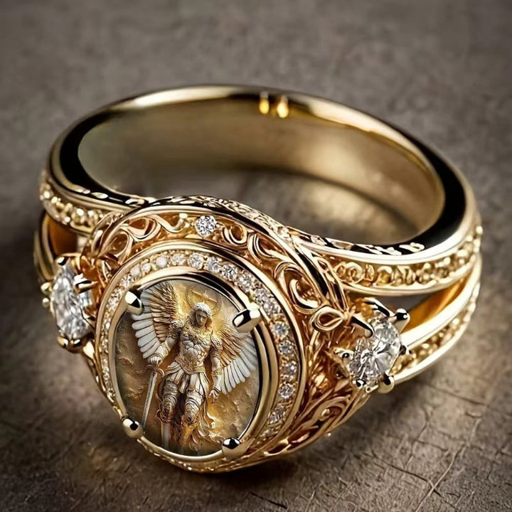 Vintage Archangel Michael Engraved Gold Ring, Ornate Filigree Diamond Statement Ring