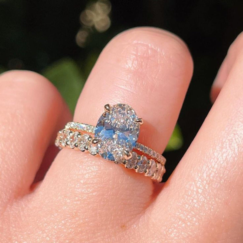 4 Prong Oval Diamond Two-Tier Pave Rose Gold Bridal Stack Ring Set