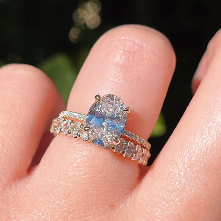 4 Prong Oval Diamond Two-Tier Pave Rose Gold Bridal Stack Ring Set