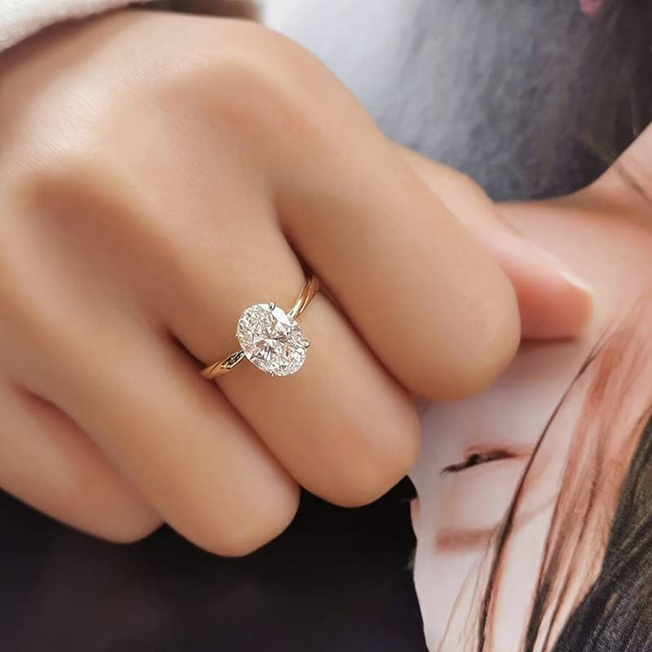 4-Prong Oval Cut Stone Solitaire Ring, 18K Gold Silver Minimal Slim Band Engagement Ring