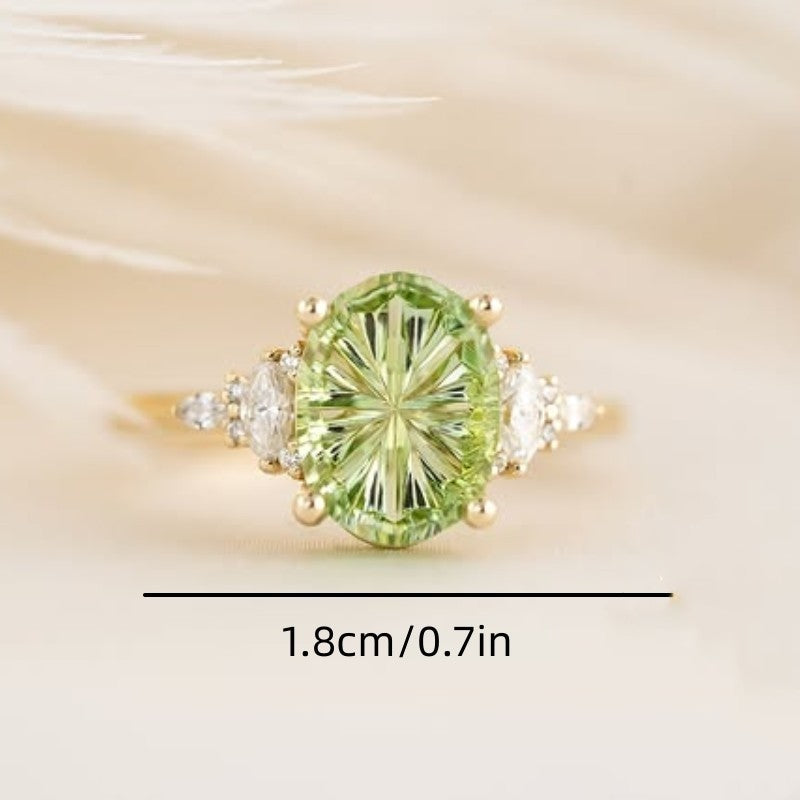 Oval Blue Topaz / Radiant Clear Diamond / Round Green Peridot Floral Side Cluster Promise Rings
