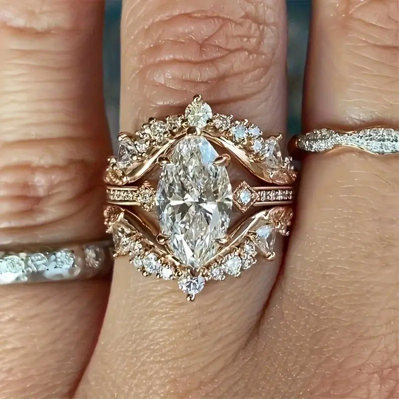 Marquise Cut Diamond Ring Set, 14K Gold Vintage Floral Stacking Bridal Ring