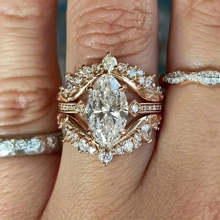 Marquise Cut Diamond Ring Set, 14K Gold Vintage Floral Stacking Bridal Ring