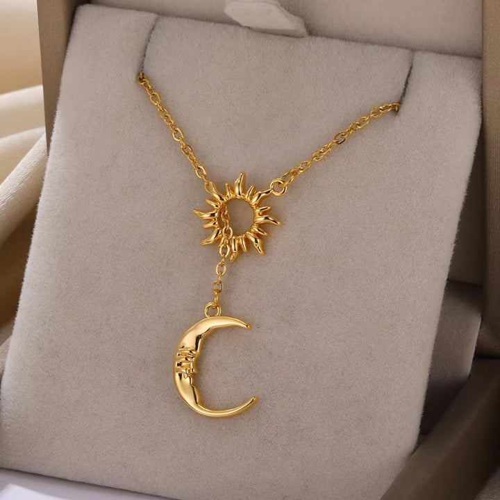 Sun & Engraved Face Moon Lariat Drop Necklace, Gold Silver Celestial Matching Couple Best Friend Layer Pendant