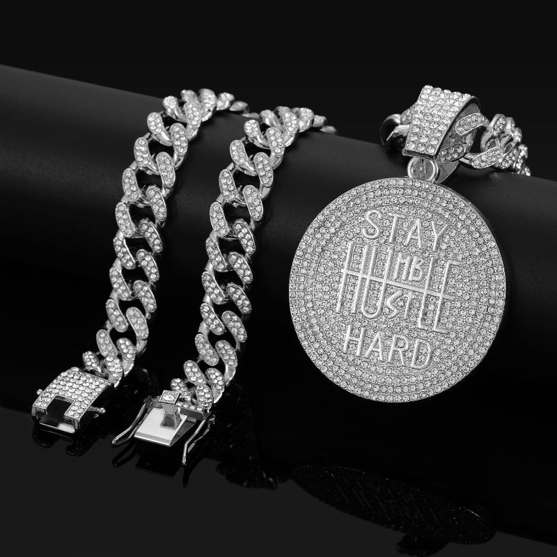 Round Diamond Pendant Cuban Chain Necklace, Unisex Hip Hop Motivational Statement Jewelry