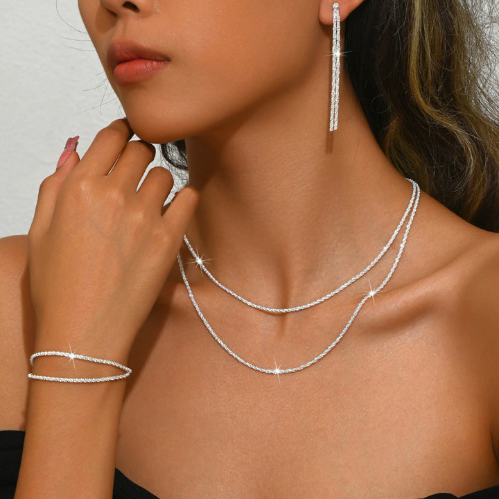 Shimmer Layered Diamond Chain Jewelry Set, Fashionable Double-Layer Stacked Starry Sky Necklace, Earrings, and Bracelet