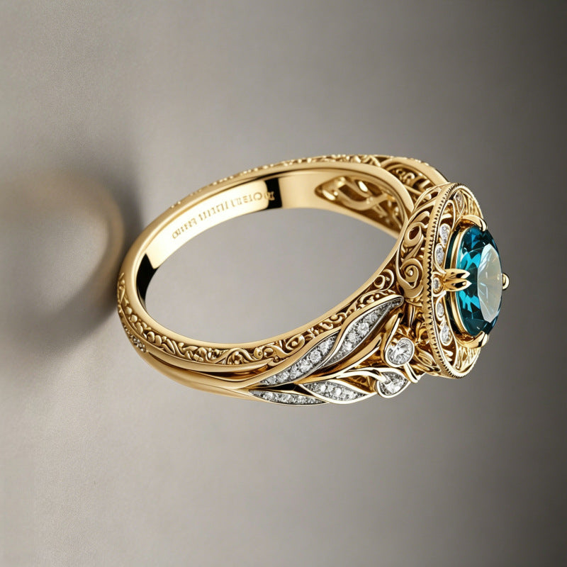 Vintage Round Blue Gemstone Ring, Intricate Filigree Diamond Accent Statement Ring, Luxury Gift