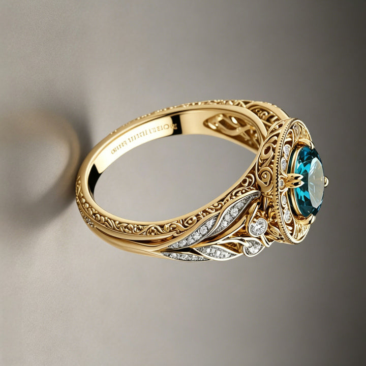 Vintage Round Blue Gemstone Ring, Intricate Filigree Diamond Accent Statement Ring, Luxury Gift
