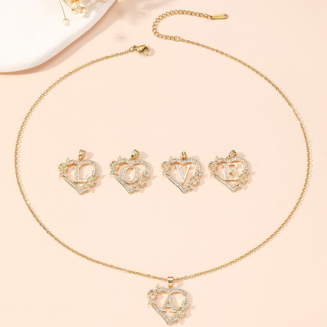 Heart‑Shape Floral 26‑Letter Initial Pendant Necklace, 2‑Tone Option