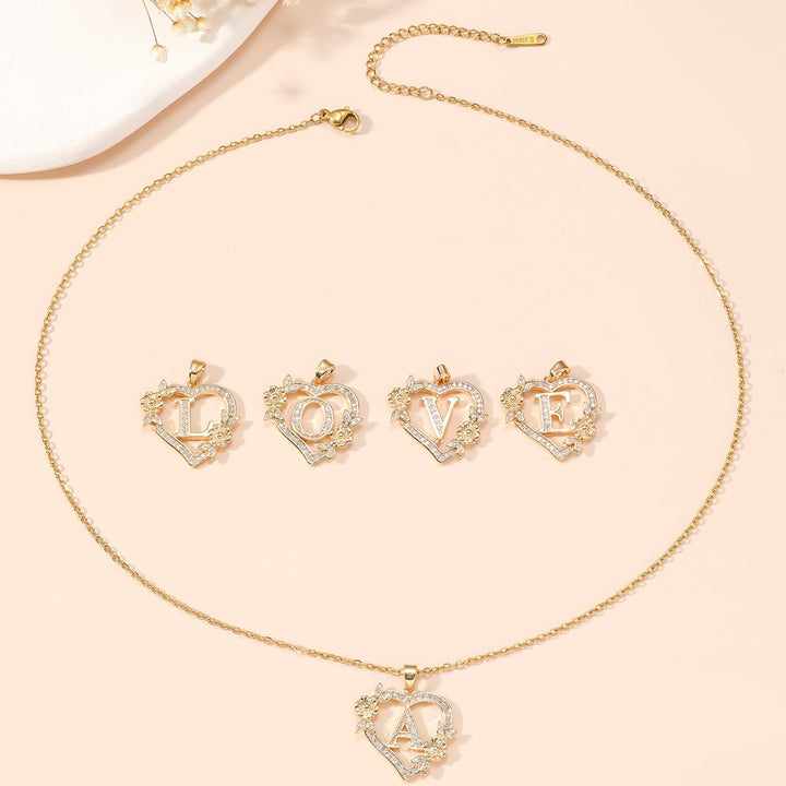 Heart‑Shape Floral 26‑Letter Initial Pendant Necklace, 2‑Tone Option