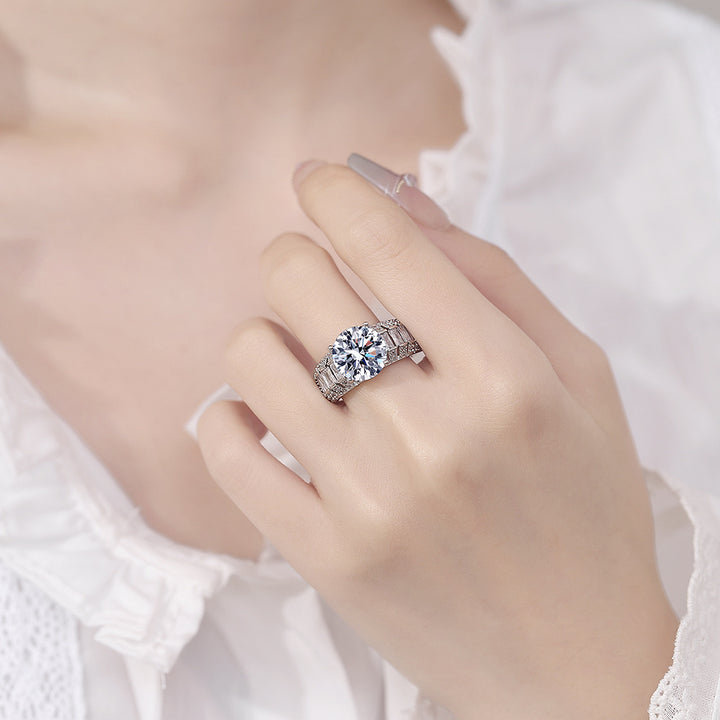 Round Cut Wide Band Ring, Adjustable Open Shiny Statement Cocktail Ring for Women