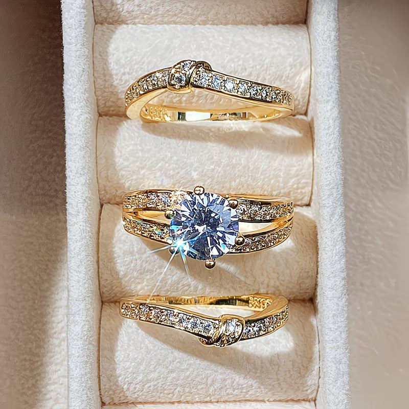 Round‑Cut Diamond 3‑Piece Ring Set, Multi‑Row Pave Accent Stackable Engagement Wedding Ring
