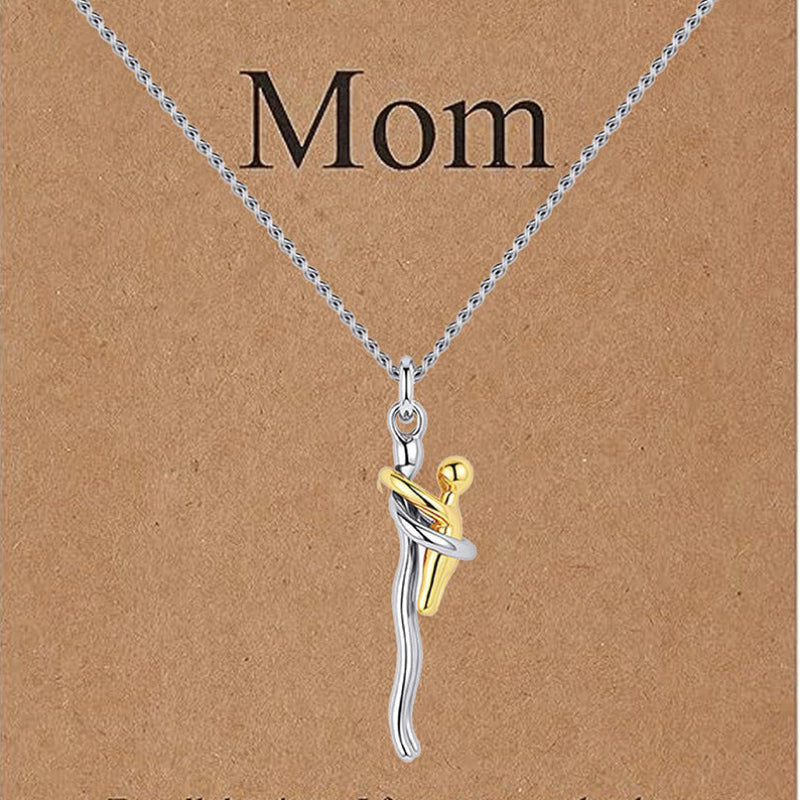 Two-Tone Silver Gold Mother and Child Embracing Necklace, Minimalist Abstract Embrace Sentimental Collarbone Jewelry