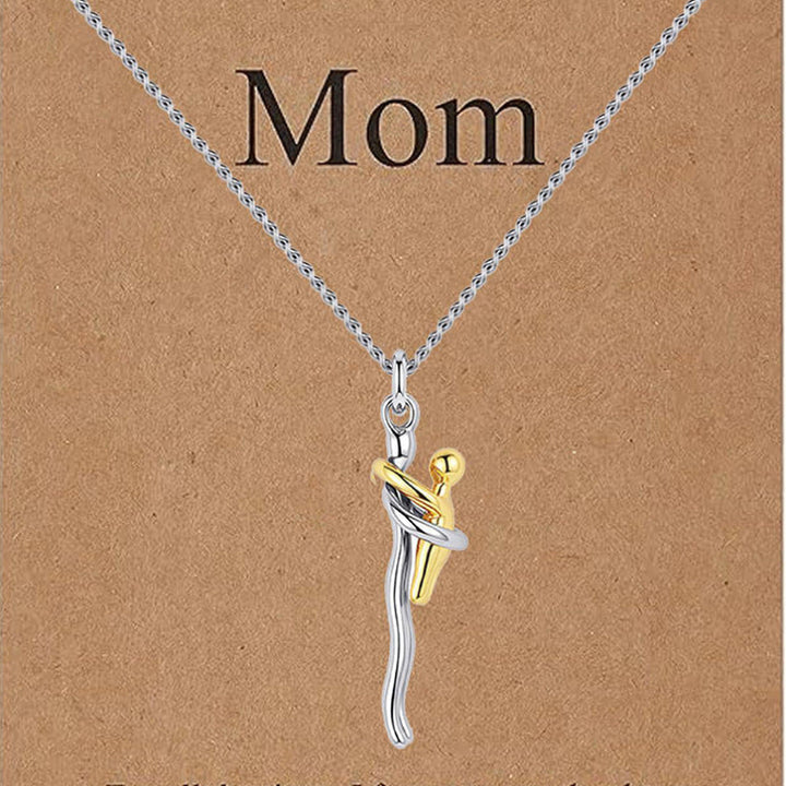 Two-Tone Silver Gold Mother and Child Embracing Necklace, Minimalist Abstract Embrace Sentimental Collarbone Jewelry