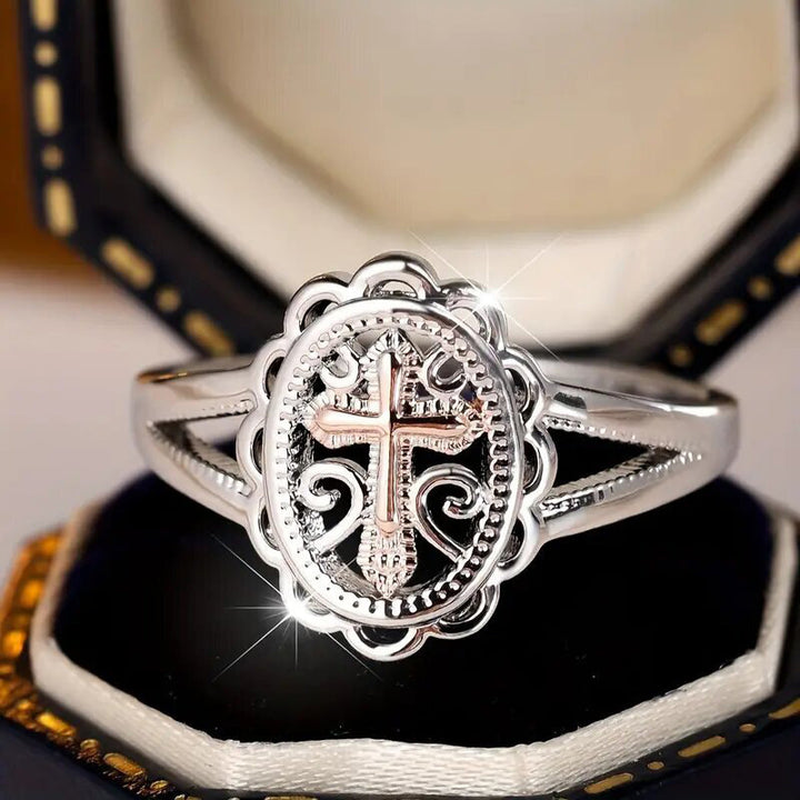 Vintage Hollow Cross Statement Ring, Elegant Two Tone Design For Women Daily Wear Gift
