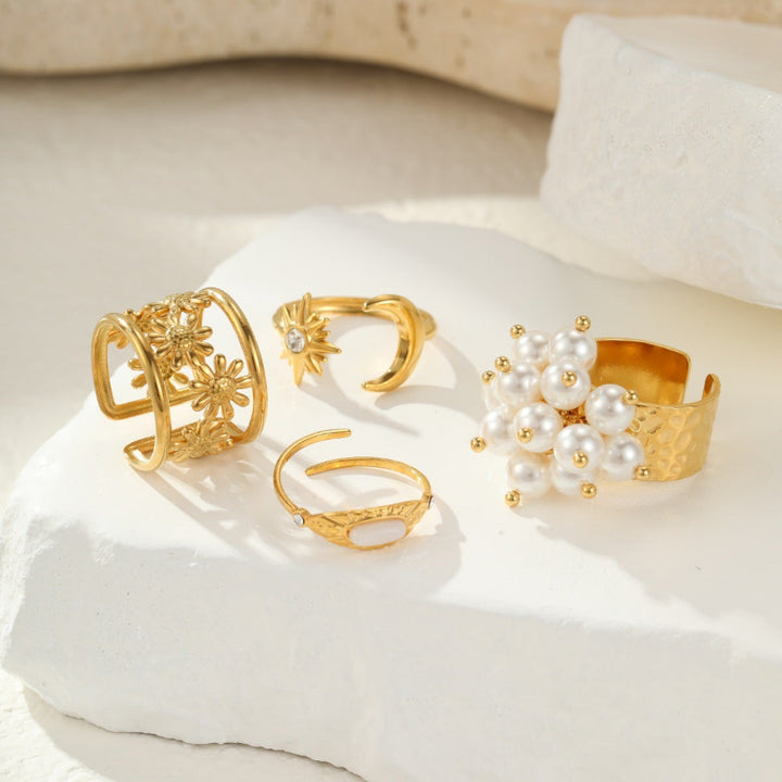 2‑Style Gold‑Tone Open Cuff Statement Rings, Hollow Daisy & Cluster Pearl Adjustable Rings