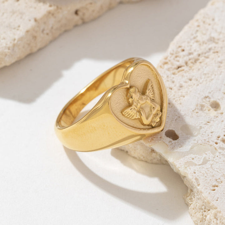 18K Gold Heart Cherub Signet Ring, Vintage Embossed Angel Love Statement Ring