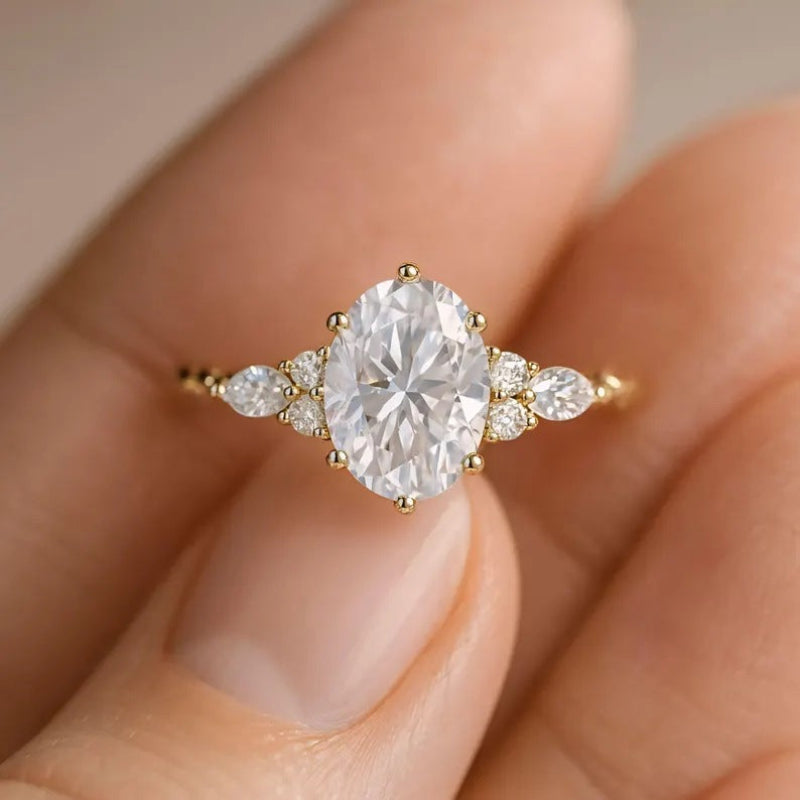Oval Diamond Three-Stone Twisted Vine Yellow Gold Engagement Ring, Dainty Marquise Cluster Floral Promise Ring