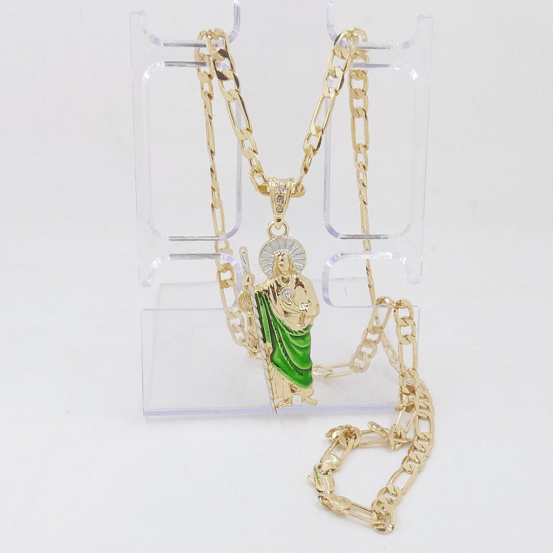 Plated Saint Jude Green Enamel Pendant Necklace, Religious Patron Saint Unisex Faith Statement Jewelry