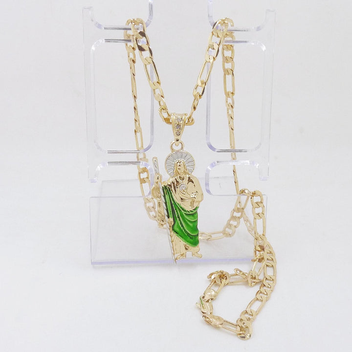 Plated Saint Jude Green Enamel Pendant Necklace, Religious Patron Saint Unisex Faith Statement Jewelry
