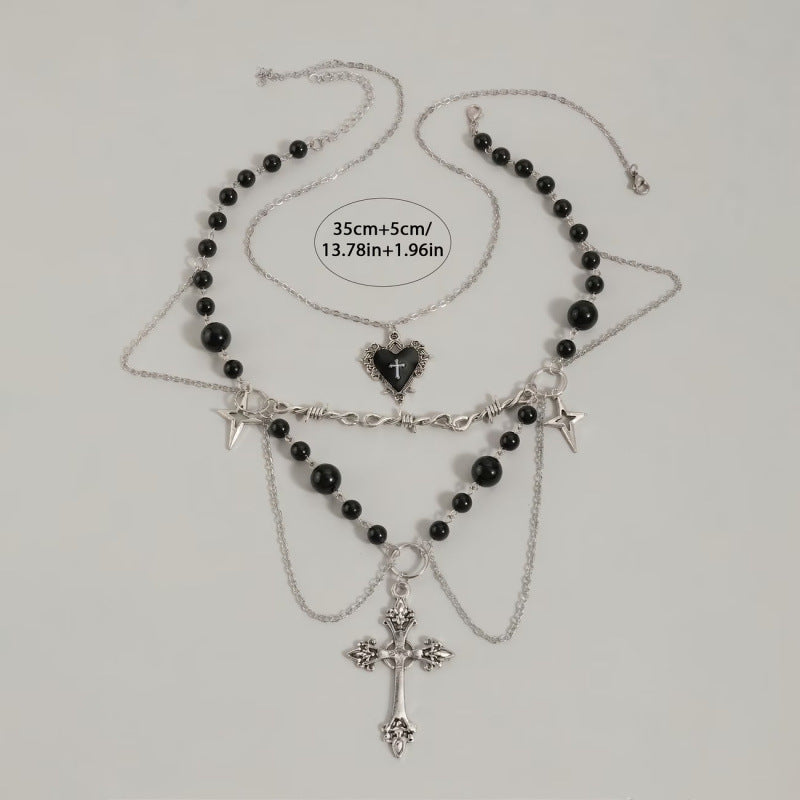 Dark-style multi-layer beaded necklace with cross pendants, Gothic Necklace for Women