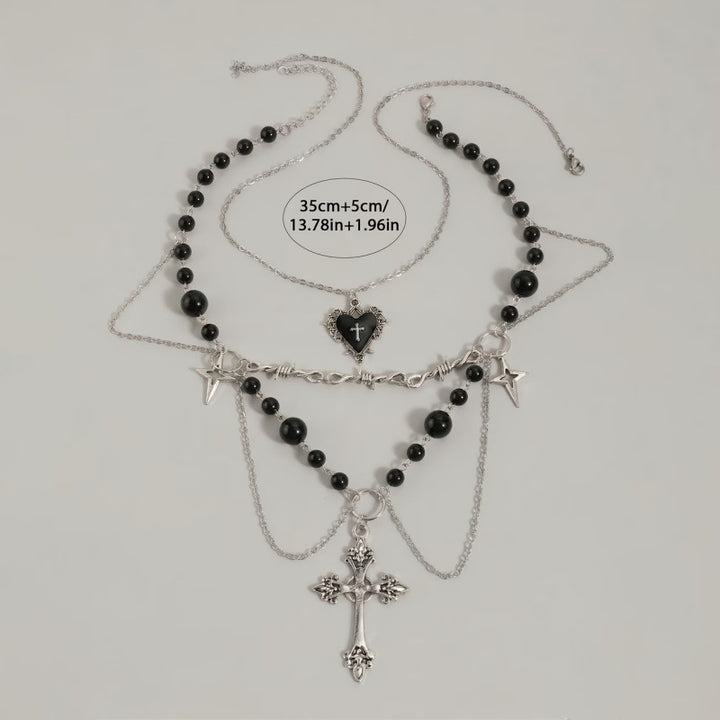 Dark-style multi-layer beaded necklace with cross pendants, Gothic Necklace for Women