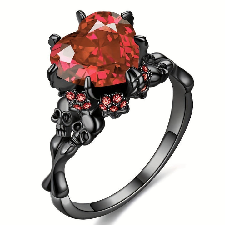 Gothic Skull Claw Heart Gem Ring, 3 Color Red Black Purple Heart Stone Dark Punk Halloween Statement Ring