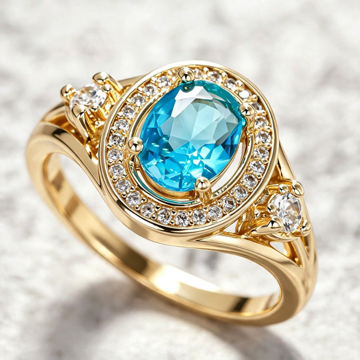 Oval Blue Gemstone Halo Diamond Accent Ring, Curved Inlaid Band Statement Cocktail Ring