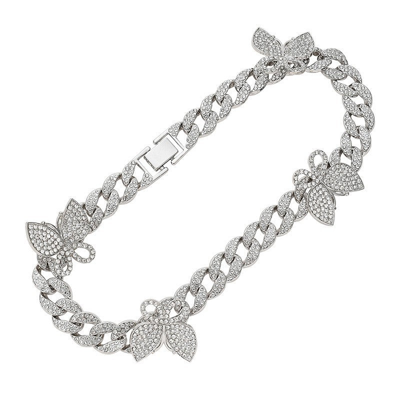 Sparkling Diamond Cuban Necklace, Sweet and Cool Butterfly Jewelry, Bip-Hop Cuban Necklace