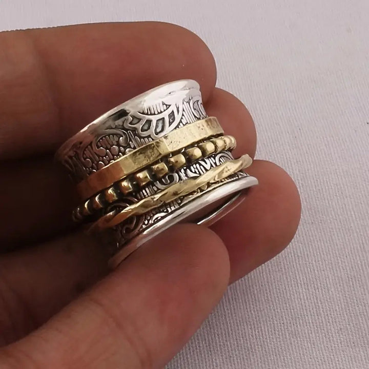 Two‑Tone Vintage Engraved Spinner Wide Band Ring, Boho Textured Rotating Fidget Statement Ring
