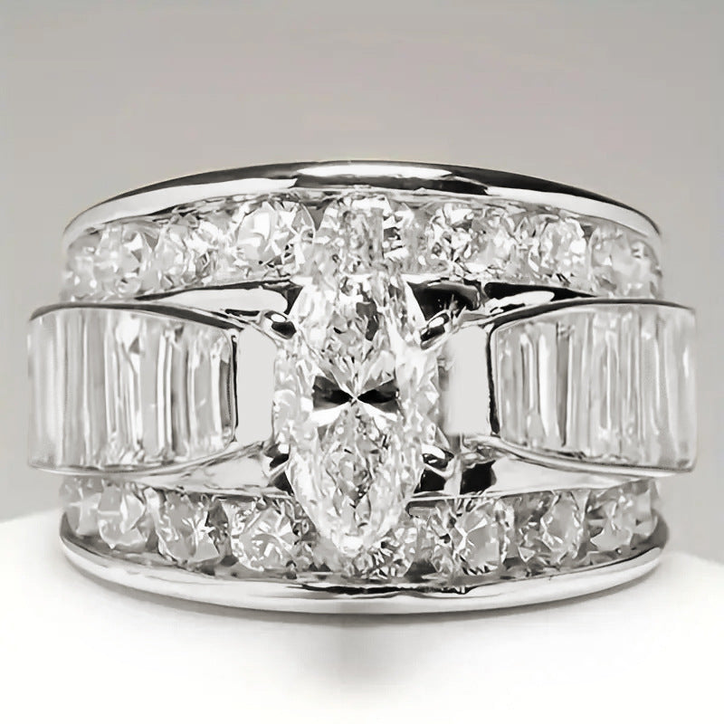 Marquise Cut Wide Band Ring, Multi-layer Paved Sparkling Statement Ring for Women