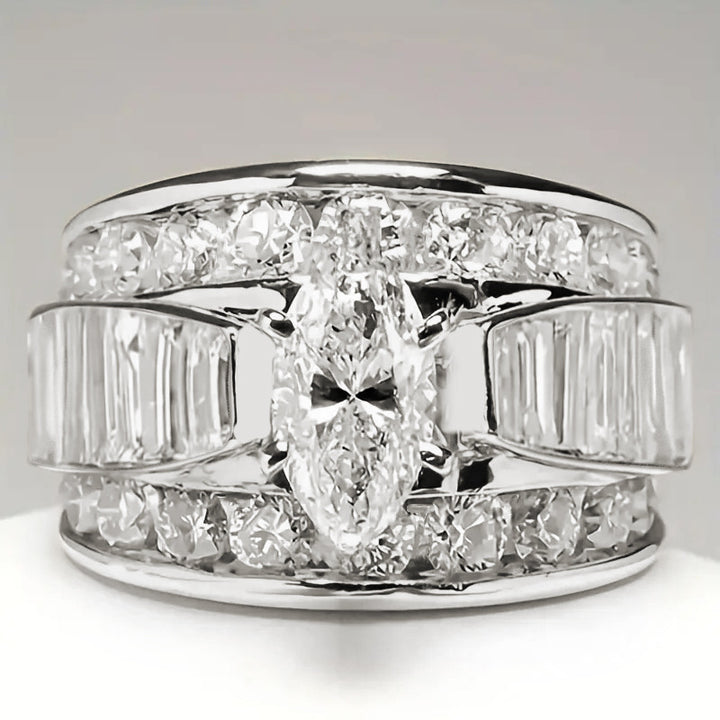 Marquise Cut Wide Band Ring, Multi-layer Paved Sparkling Statement Ring for Women