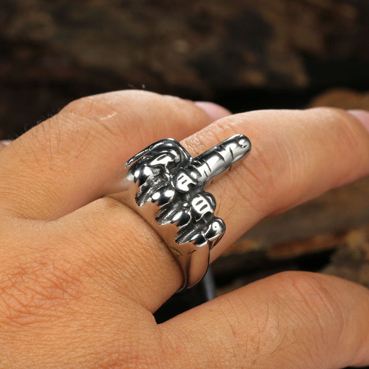 Bold Skeleton Middle Finger Statement Ring, Retro Gothic Biker Men’s Ring