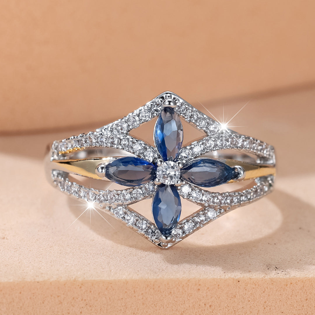 Two‑Tone Flower Marquise-Cut Blue Gems Ring, Perfect for Gift &amp; Daily Wear