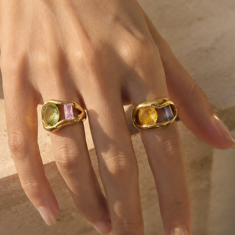 Two-Tone Geometric Diamond Open Ring, 18K Gold Abstract Irregular Statement Band