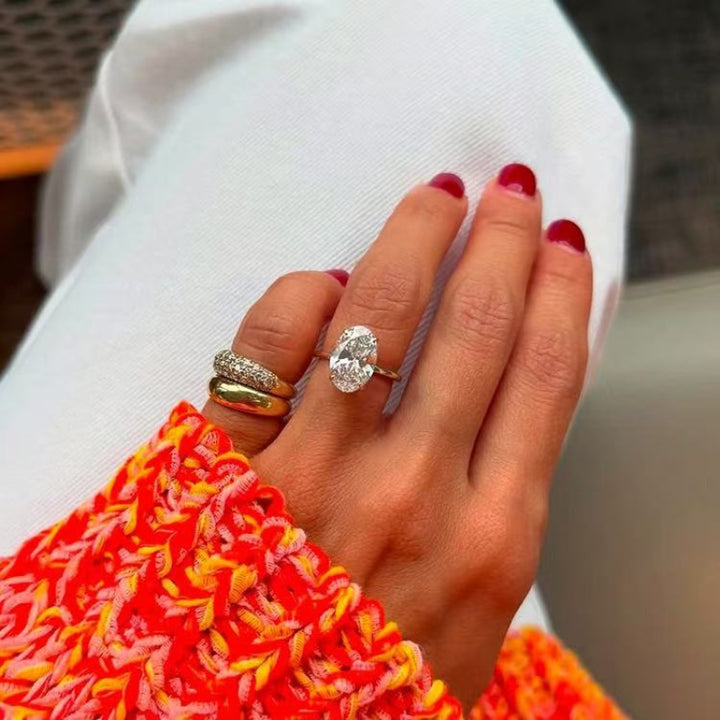 4 Prong Large Oval Diamond Solitaire Engagement Ring, Adjustable Opening Split Shank Promise Ring