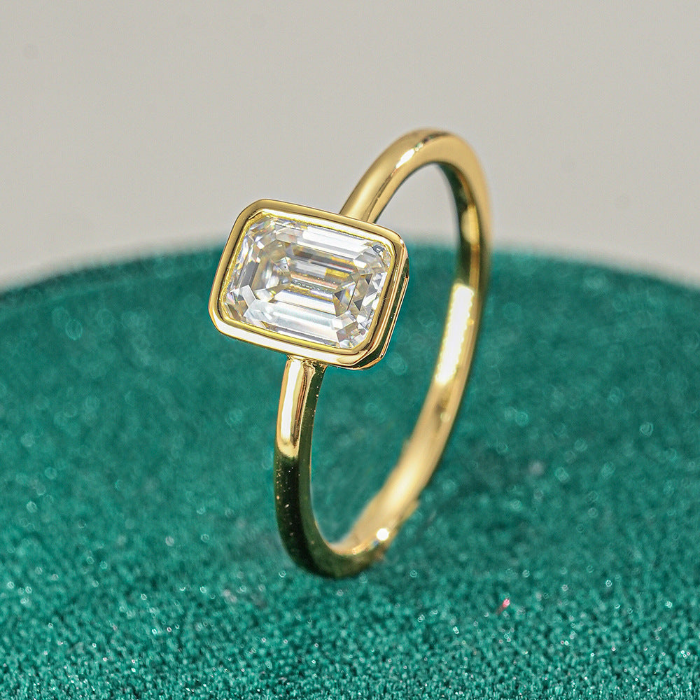 14K Gold Bezel Set Emerald Cut Gemstone Ring, Minimalist Rectangular Stone
