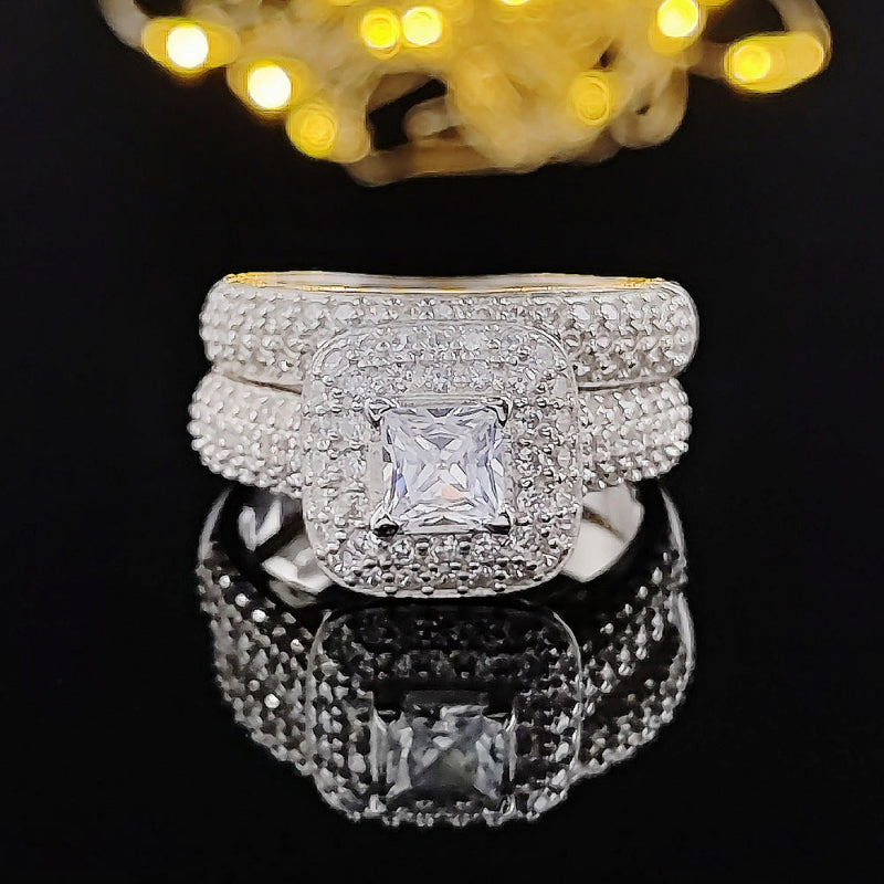 Princess Cut Double Halo Full Pave Silver Bridal Stack Ring Set For Engagement Proposals & Wedding