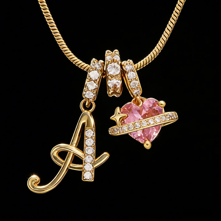 26 Letters Cursive Initial Pink Heart Planet Charm Gold Snake Chain Necklace
