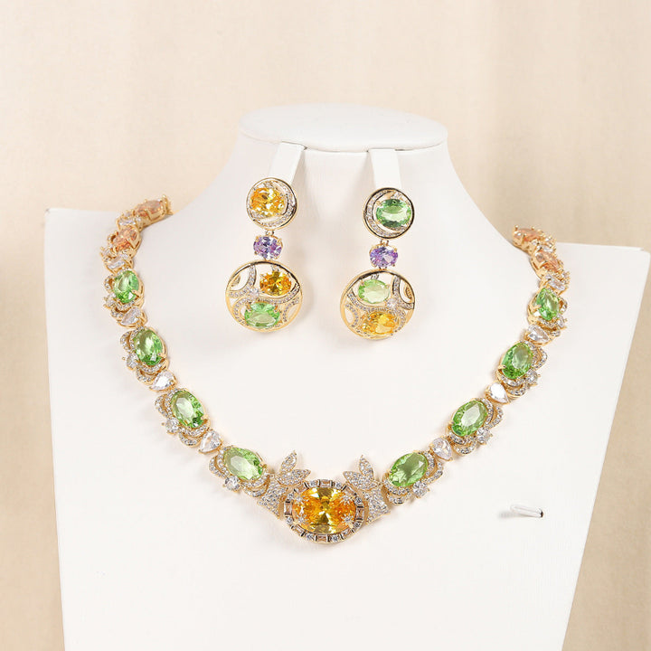 Gem Diamond Halo Gold Jewelry Set, Vintage Floral Formal Necklace & Drop Earring Kit