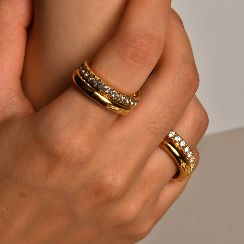 Interlocked Double Band Colorful Gem Ring, Waterproof Stackable Linked Ring For Women & Men
