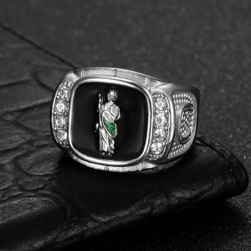 Vintage Enamel Embossed Figure Signet Ring with Side‑Set Diamonds, Men’s Statement Ring