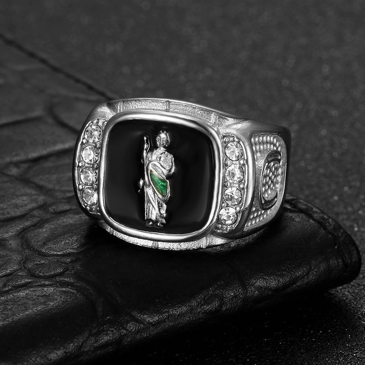 Vintage Enamel Embossed Figure Signet Ring with Side‑Set Diamonds, Men’s Statement Ring