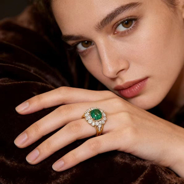 Cushion Emerald Halo Floral Cocktail Ring, 3-Tone Luxury Gem Statement Ring For Women