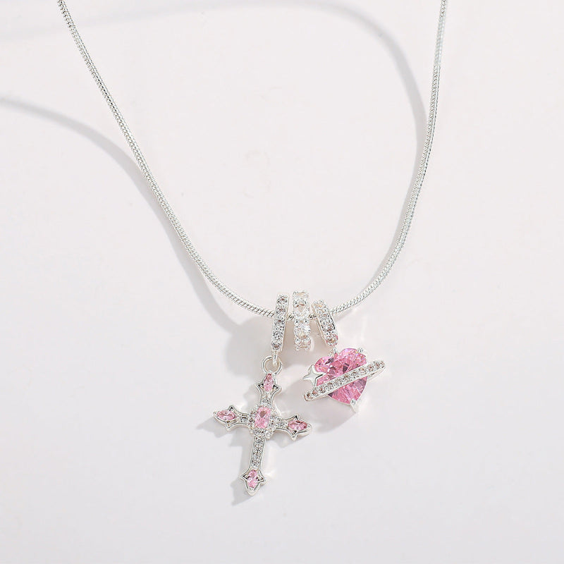 Y2K Pink Diamond Cross &amp; Heart Charm Snake Chain Necklace, Removable Multi‑Pendant Necklace
