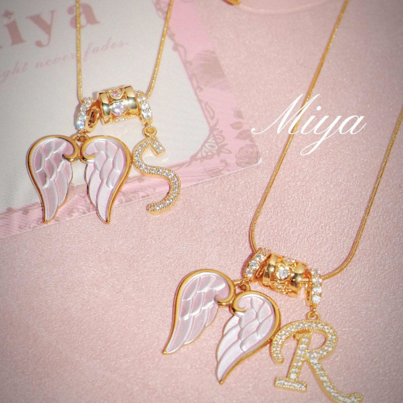 A-Z Diamond Initial Pink Enamel Angel Wing Pendant Necklace, 14K Women Coquette Romantic Stackable Jewelry