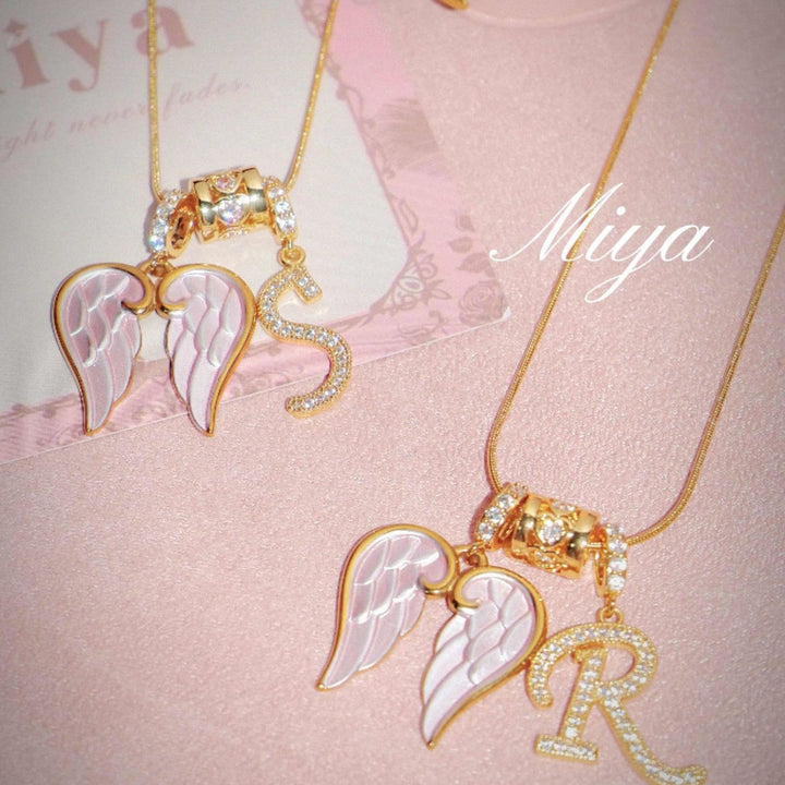 A-Z Diamond Initial Pink Enamel Angel Wing Pendant Necklace, 14K Women Coquette Romantic Stackable Jewelry