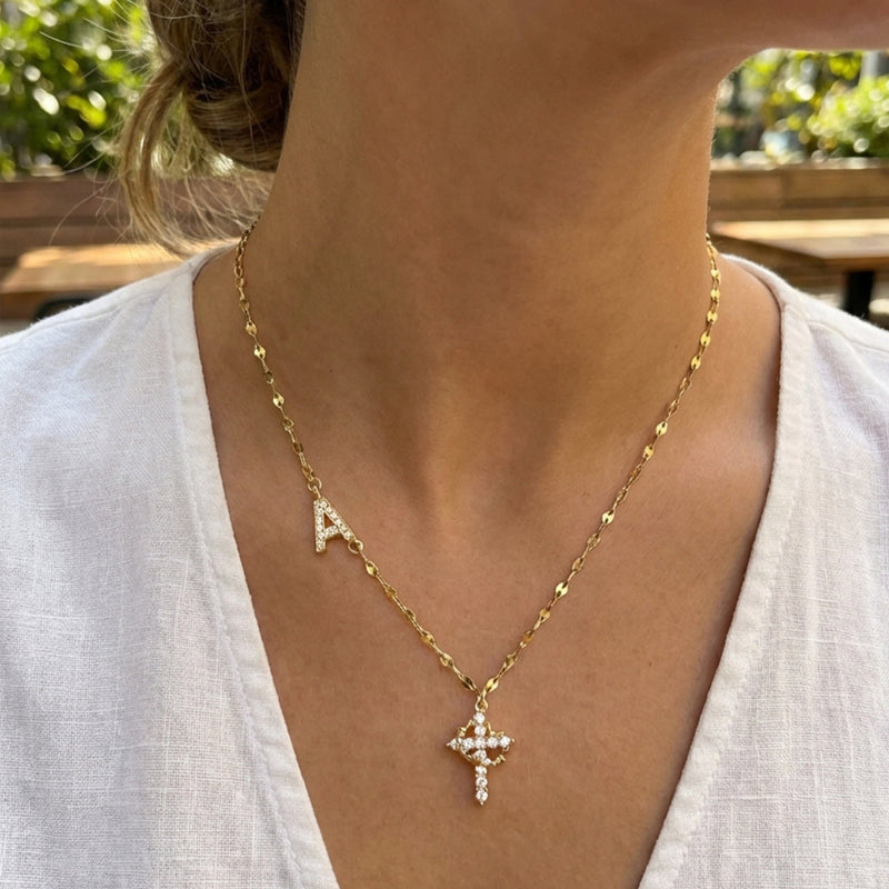 Personalized Initial Diamond Cross Necklace, 2 Tone Letter Sparkle Collarbone Jewelry