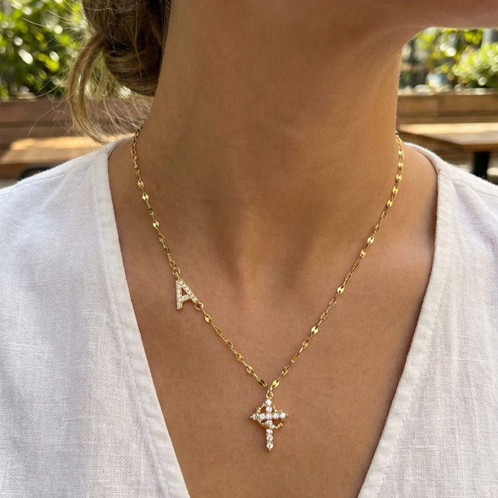 Personalized Initial Diamond Cross Necklace, 2 Tone Letter Sparkle Collarbone Jewelry