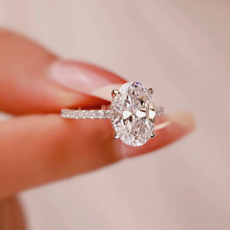4 Prong Oval Cut Side Pave Diamond Silver Solitaire Engagement Ring